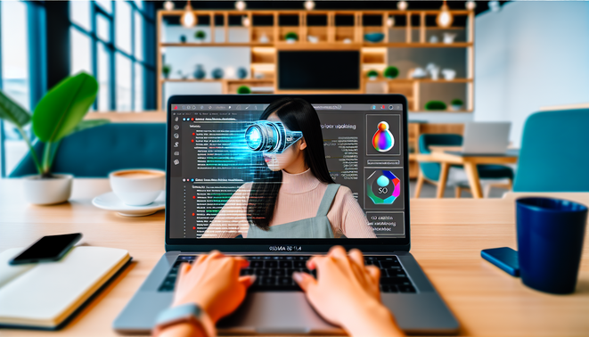 alt_text: Blogger uses AI assistant and SEO analytics on laptop to boost blog rankings in a modern workspace.