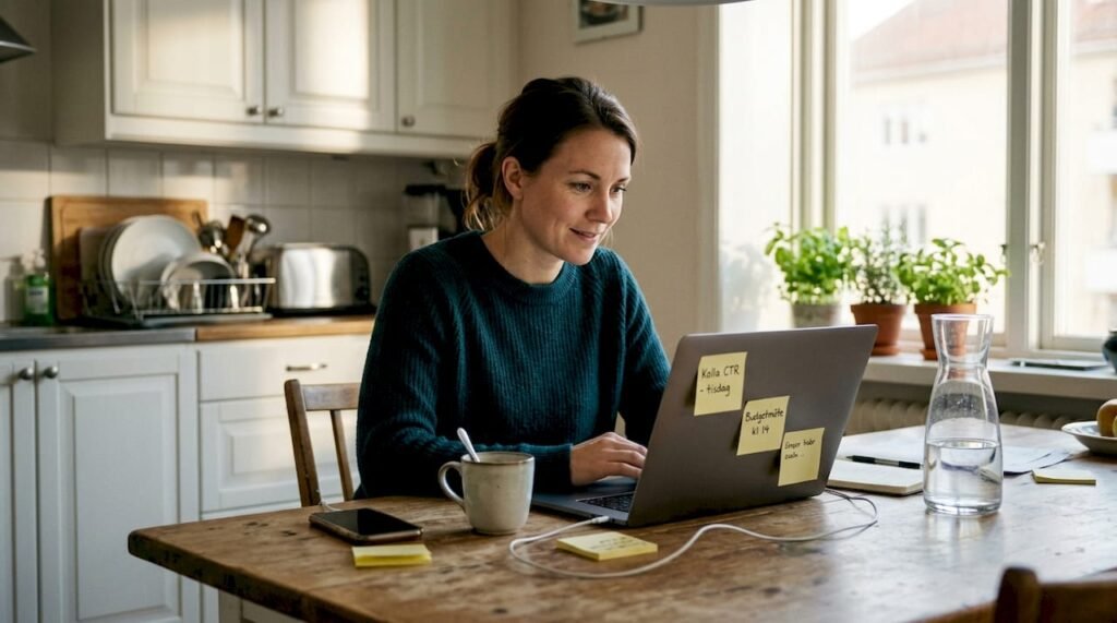 En kvinna går igenom och utvärderar digital annonsering vid sitt skrivbord hemma.