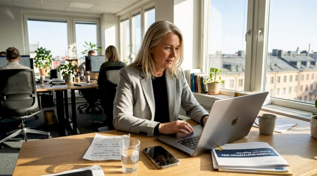 En affärskvinna granskar webbplatsens tillgänglighet på sitt kontor