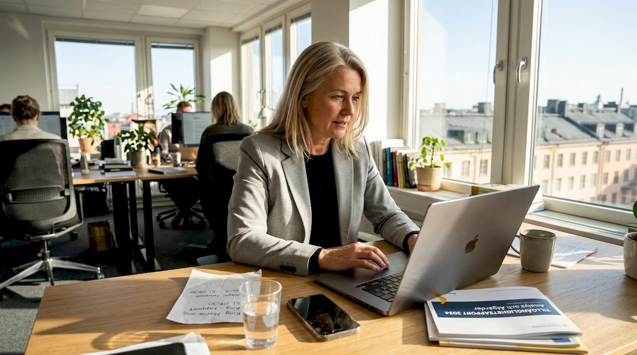 En affärskvinna granskar webbplatsens tillgänglighet på sitt kontor