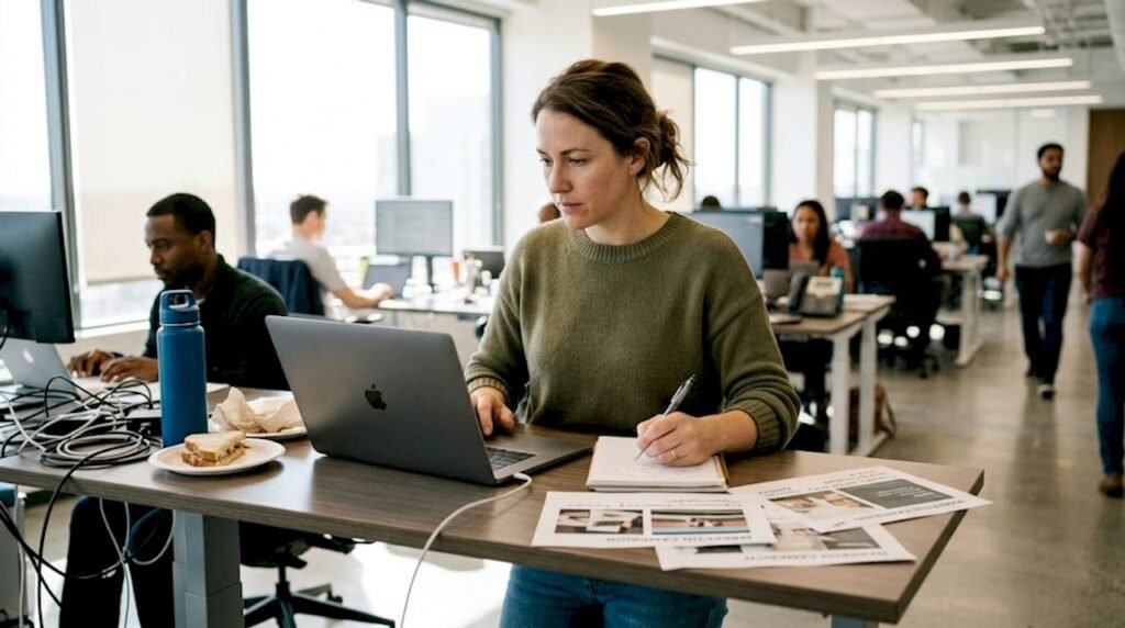 Marknadschefen sitter på kontoret och lägger upp strategin för en digital kampanj.
