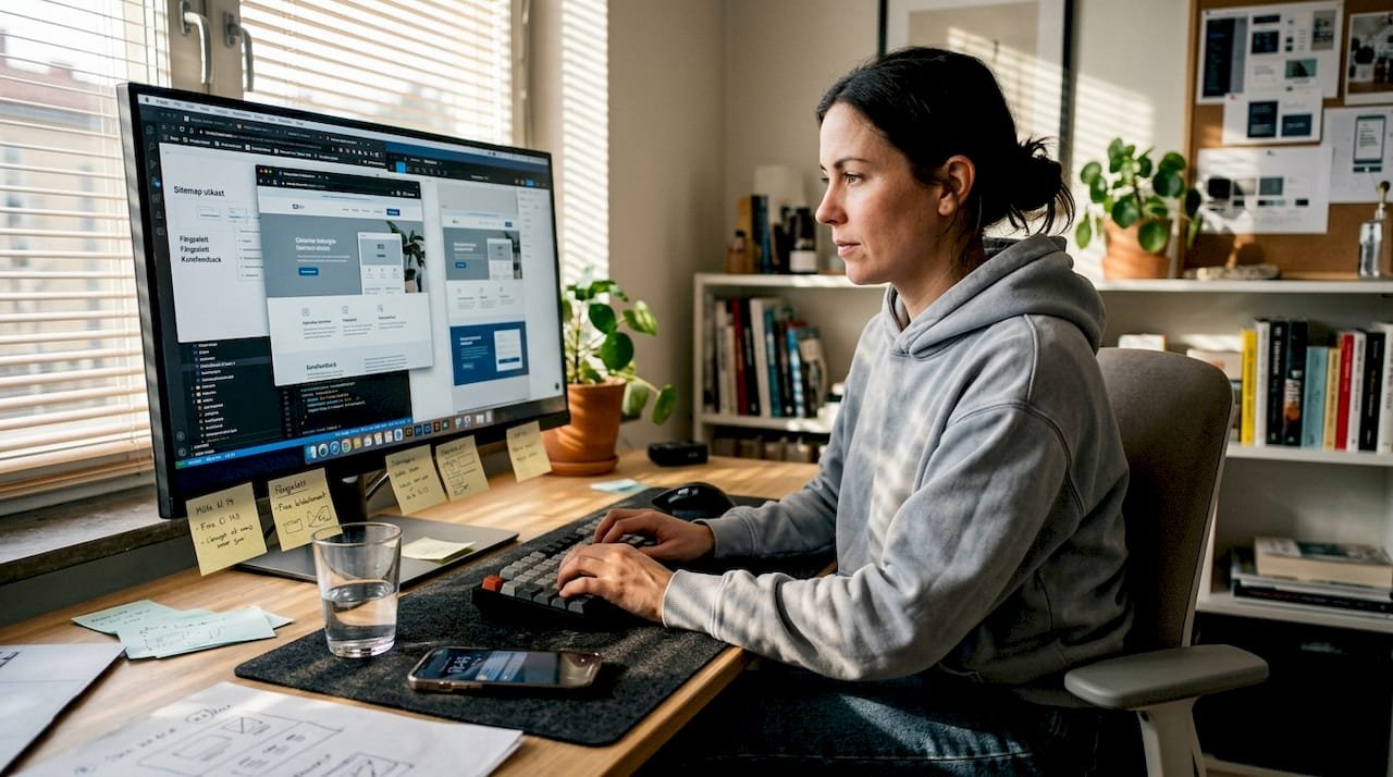 Webbdesigner jobbar vid sitt skrivbord i hemmakontoret.
