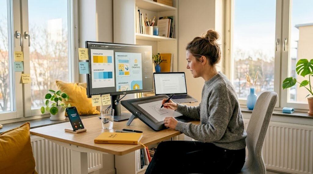 Designer som jobbar hemifrån med att skapa digitala varumärken