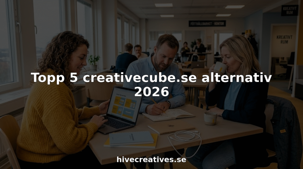 Det kreativa teamet samarbetar runt ett gemensamt bord på kontorets coworking-yta.