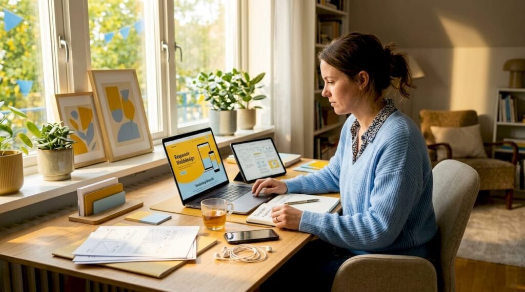 Webbdesigner granskar en interaktiv sajt på sin laptop