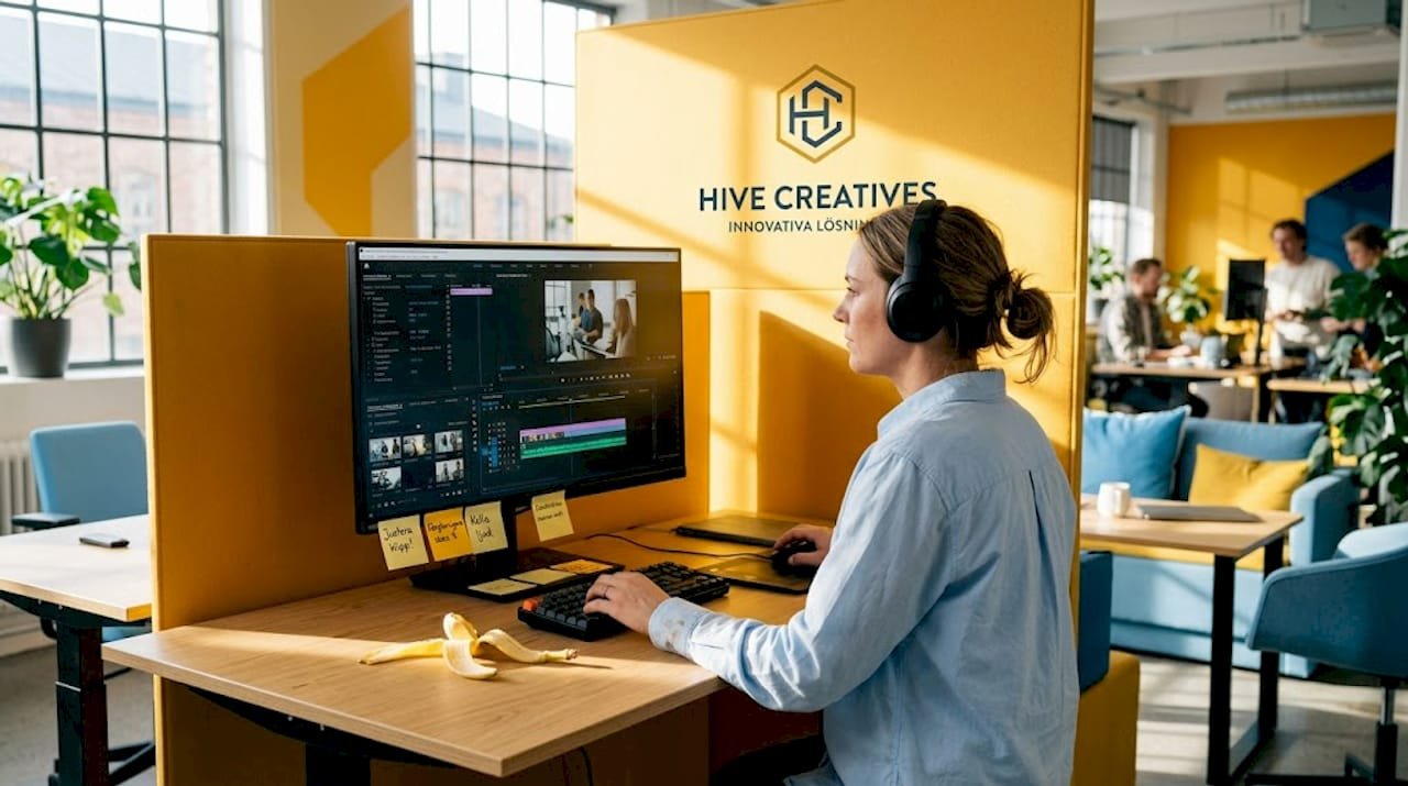 En kvinna sitter på kontoret och jobbar med videoredigering vid sitt skrivbord.