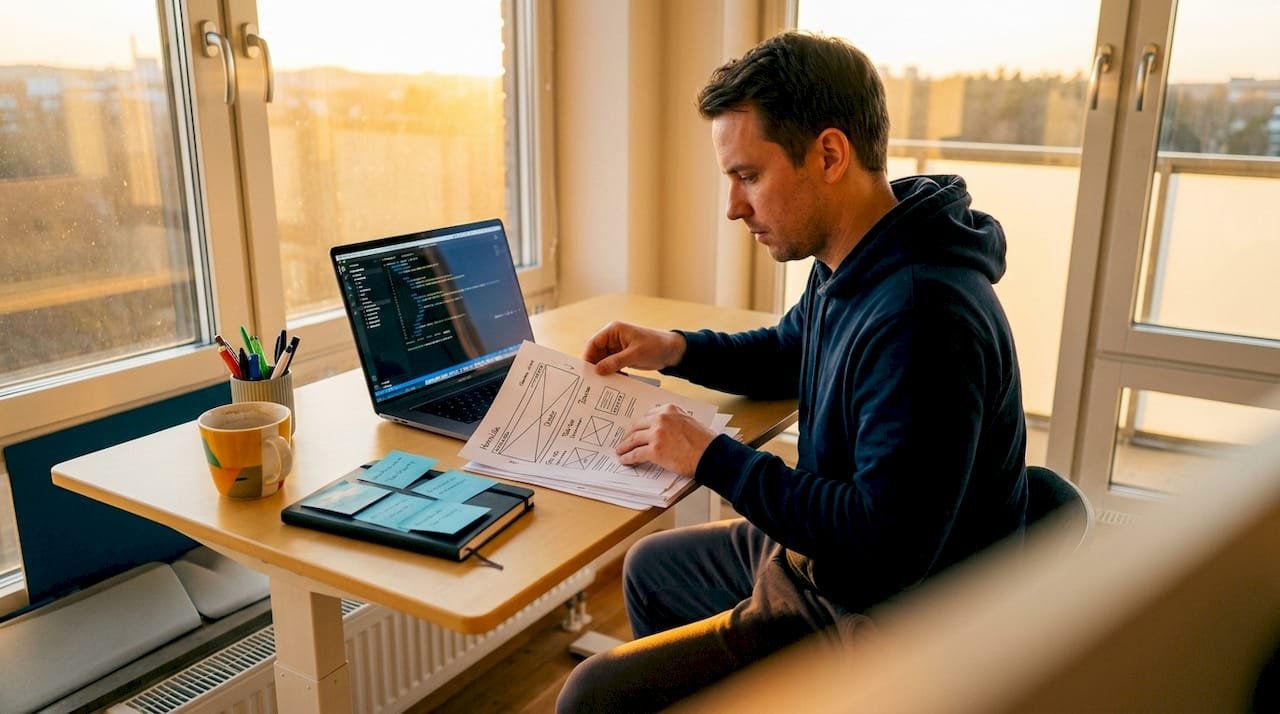 En webbutvecklare sitter vid sitt skrivbord och skissar på planerna för en ny webbplats.
