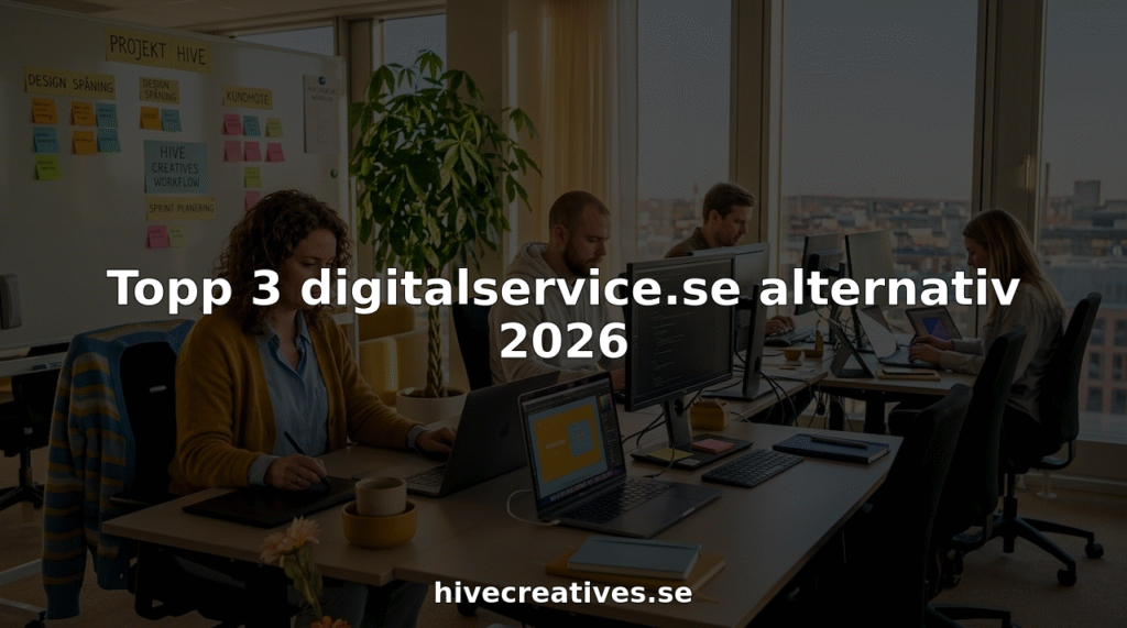 Ett team samarbetar vid sina skrivbord i ett ljust och modernt kontorslandskap på en digitalbyrå.