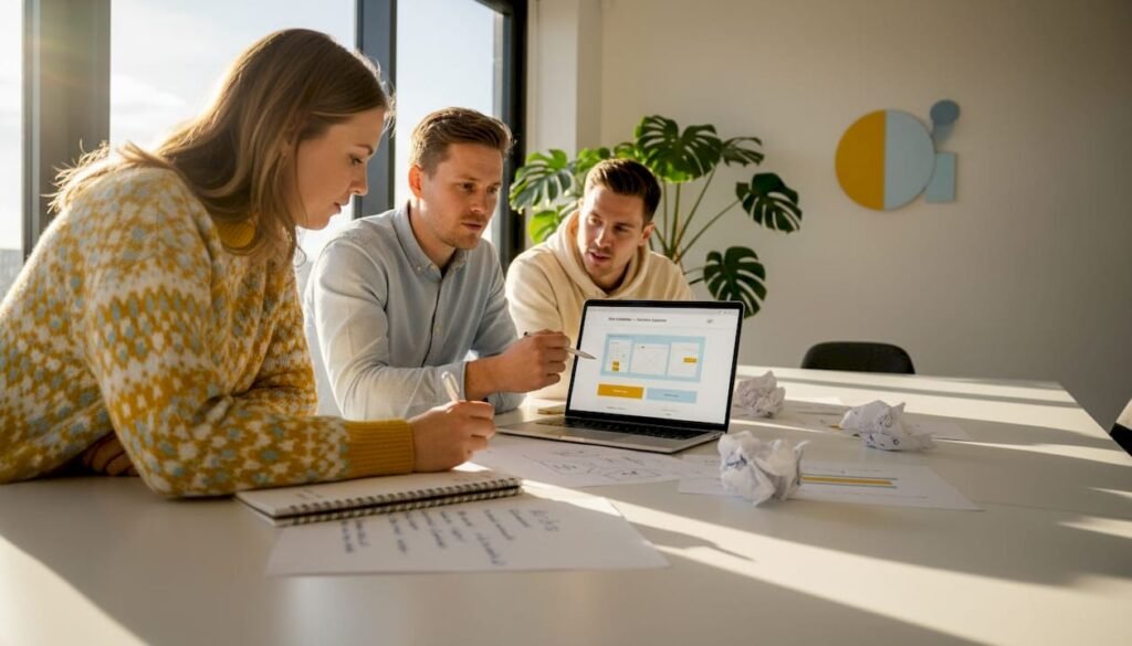 Teamet samlas för att gå igenom och diskutera designen på startsidan tillsammans.