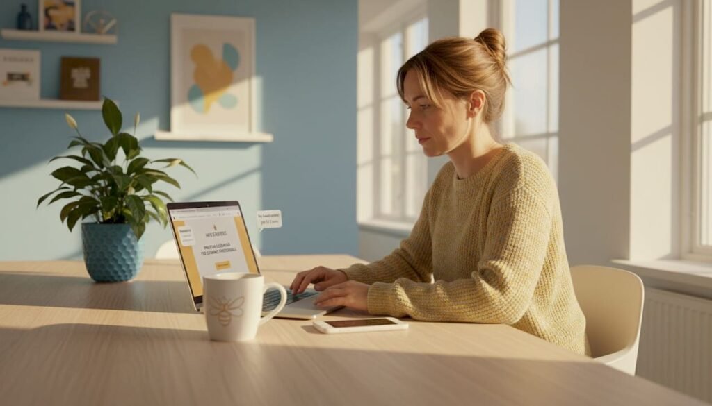 En entreprenör jobbar vid datorn och säljer sina produkter eller tjänster online.