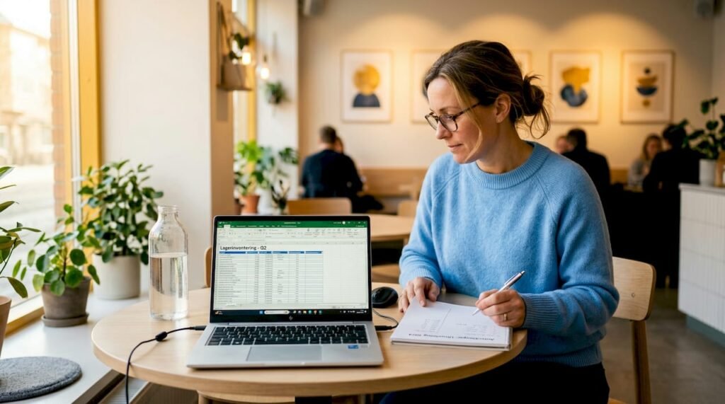 En företagsledare arbetar vid sin laptop och hanterar företagets digitala lagring.