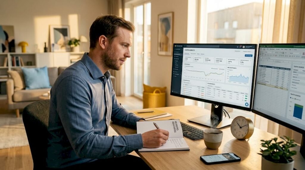 En person sitter vid sitt skrivbord och jobbar med digital marknadsföring.