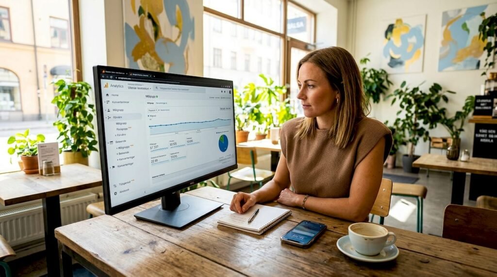 En kvinna sitter hemma vid datorn och går igenom statistik från webben.