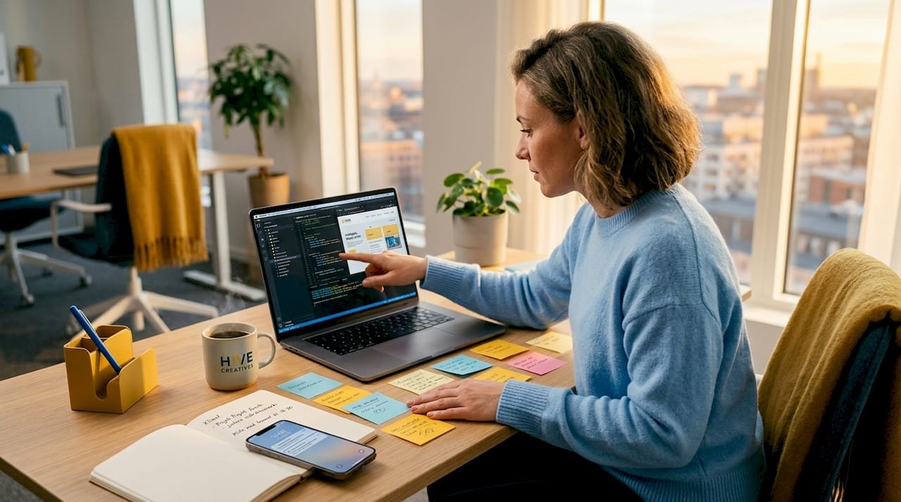 En webbdesigner jobbar hemifrån med att skapa en mobilvänlig hemsida.