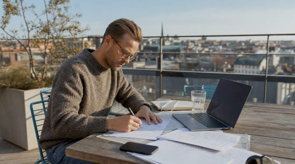 En person som går igenom en UX-checklista och antecknar på papper.