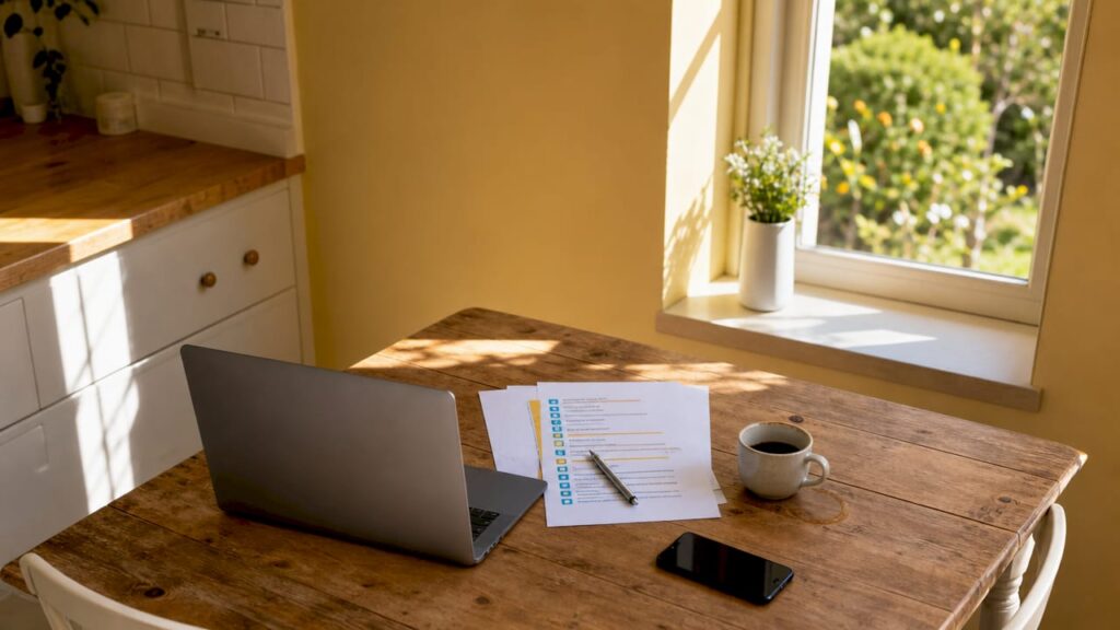 En arbetsplats för SEO med ett skrivbord och en laptop