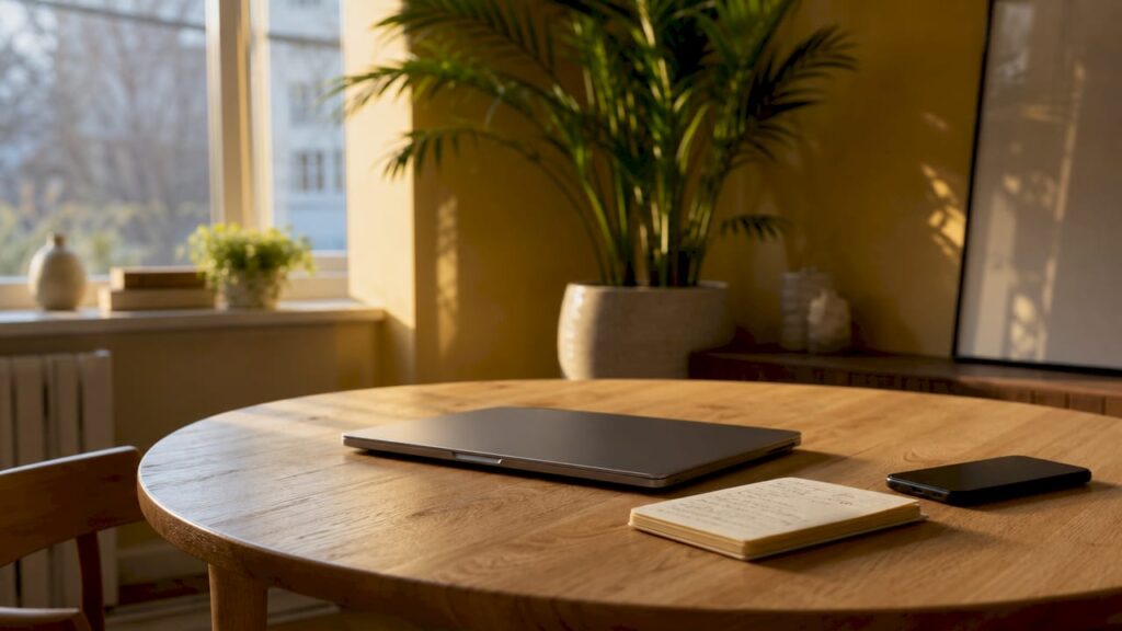 Skrivbord med mobiltelefon och laptop i hemmakontoret